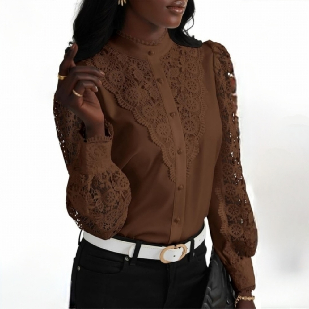 ROOSCIER Womens Lace Crochet Mock Neck Long Sleeve Button Elegant Blouse Shirt